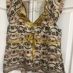 Floral Patterned Brown and Cream Women's Top